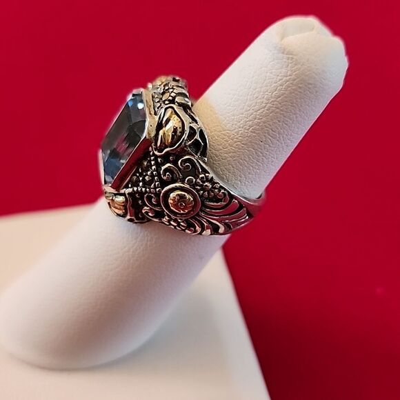 Signed I.L. 18K Gold and Sterling Silver Blue Topaz Marcasite Ring - Picture 2 of 2